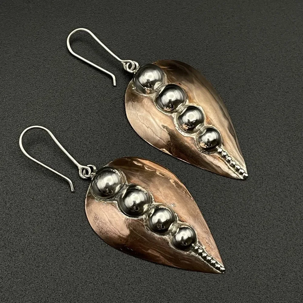 Vintage Silver Copper Ball Bead Domed Leaf Dangle Earrings Bohemian‎ Style